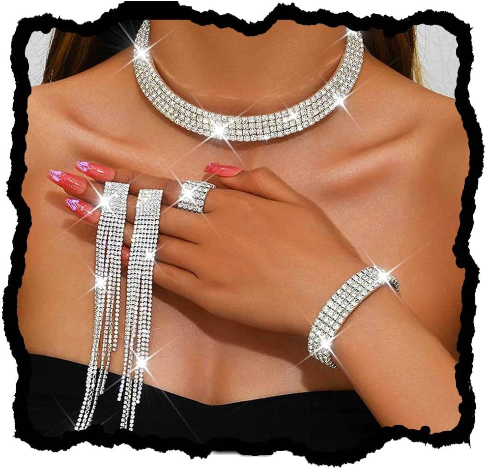 Rhinestone Jewelry Set Silver Choker Necklace NOT DAMAGED OR BROKEN