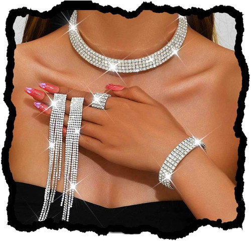 Rhinestone Jewelry Set Silver Choker Necklace NOT DAMAGED OR BROKEN