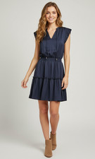 Skies Are Blue Mini Dress Wmns XS Navy Blue Pleated Flutter Sleeve Smocked NWOT