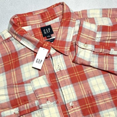 NEW Gap Doubleweave Button Up Shirt Mens 2XL Orange Plaid Cotton Standard Fit