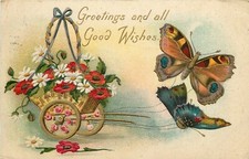 Embossed Chromolithograph Greetings Postcard 31 Butterflies pull Flower Cart