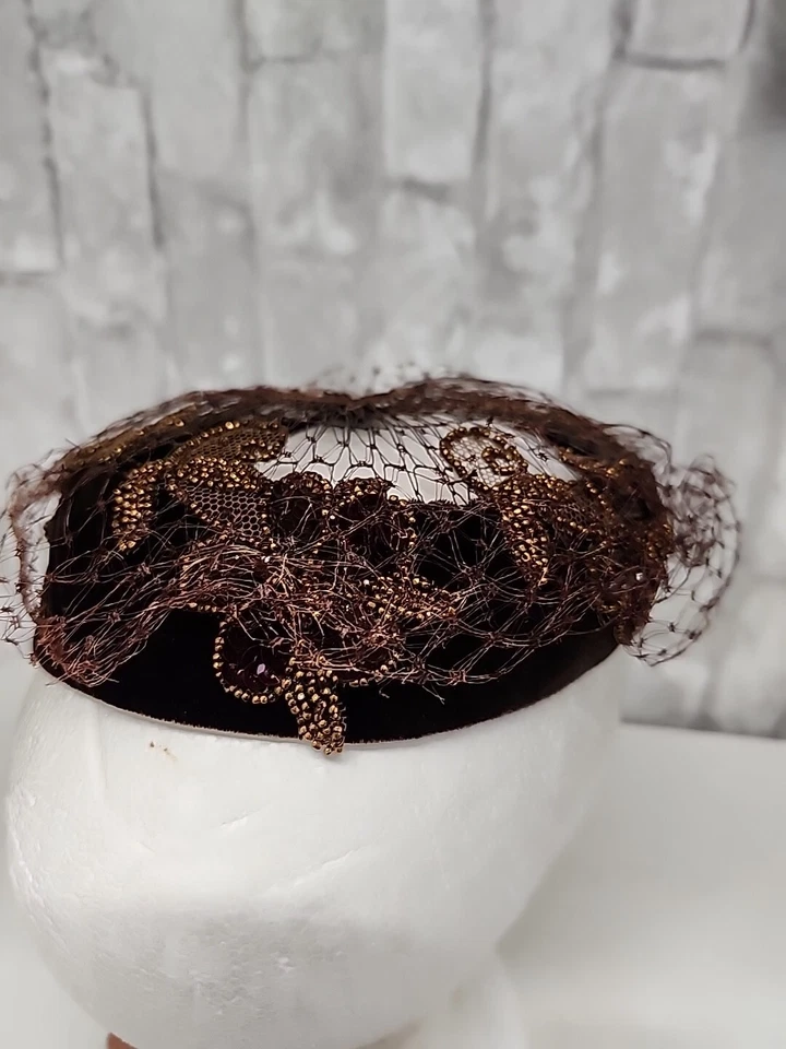 Vintage Titches Brown Lace Gold Beaded Flower Church Hat Womens 6 1/2" - Image 4 of 4