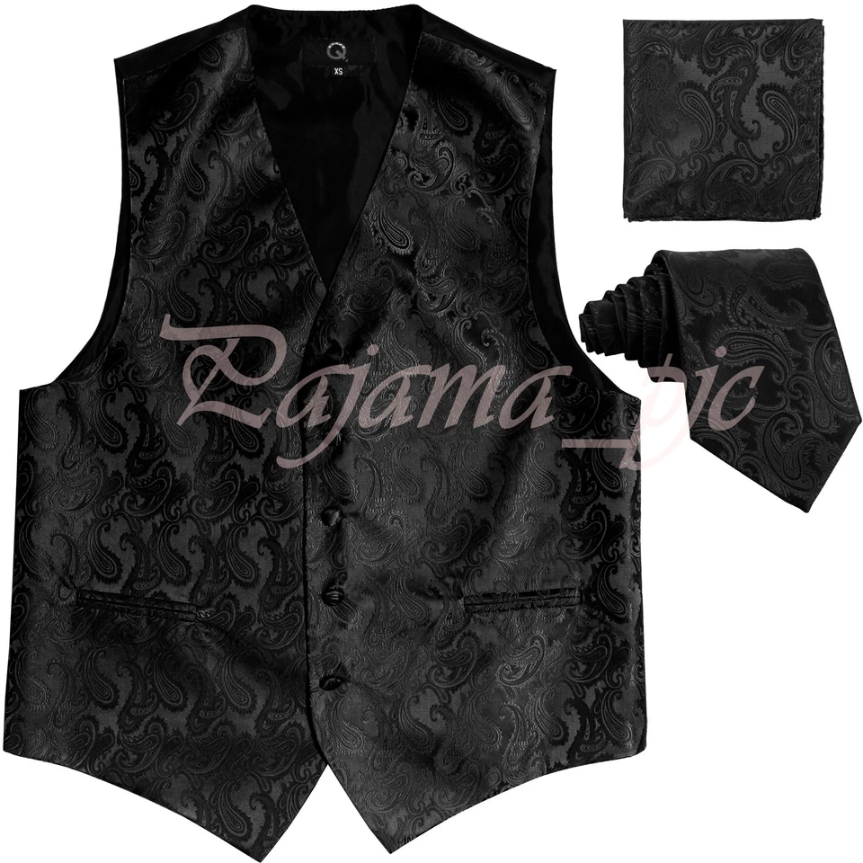 NEGRO XS a 6XL 20-B Paisley Esmoquin Traje Vestido Chaleco Chaleco y Cuello Corbata Pañuelo Foto 3 de 4