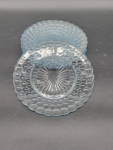 SET OF 5 ANCHOR HOCKING BLUE BUBBLE HOBNAIL DEPRESSION GLASS 9 1/2 INCH PLATES
