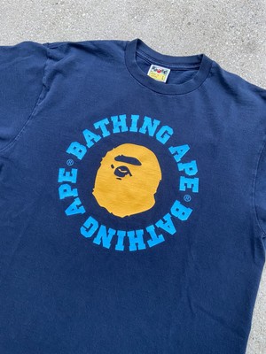 Mens Bape Bathing Ape Navy Blue Circular Logo Tee Size Large Made In Japan Ebay