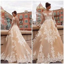 Elegant Champagne Wedding Dresses Long Sleeves Button Lace Appliqu s Bridal Gown