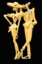 Vintage Zoot Suit Pin Brooch Dapper Couple Man Woman Brushed Gold 80s BinA14