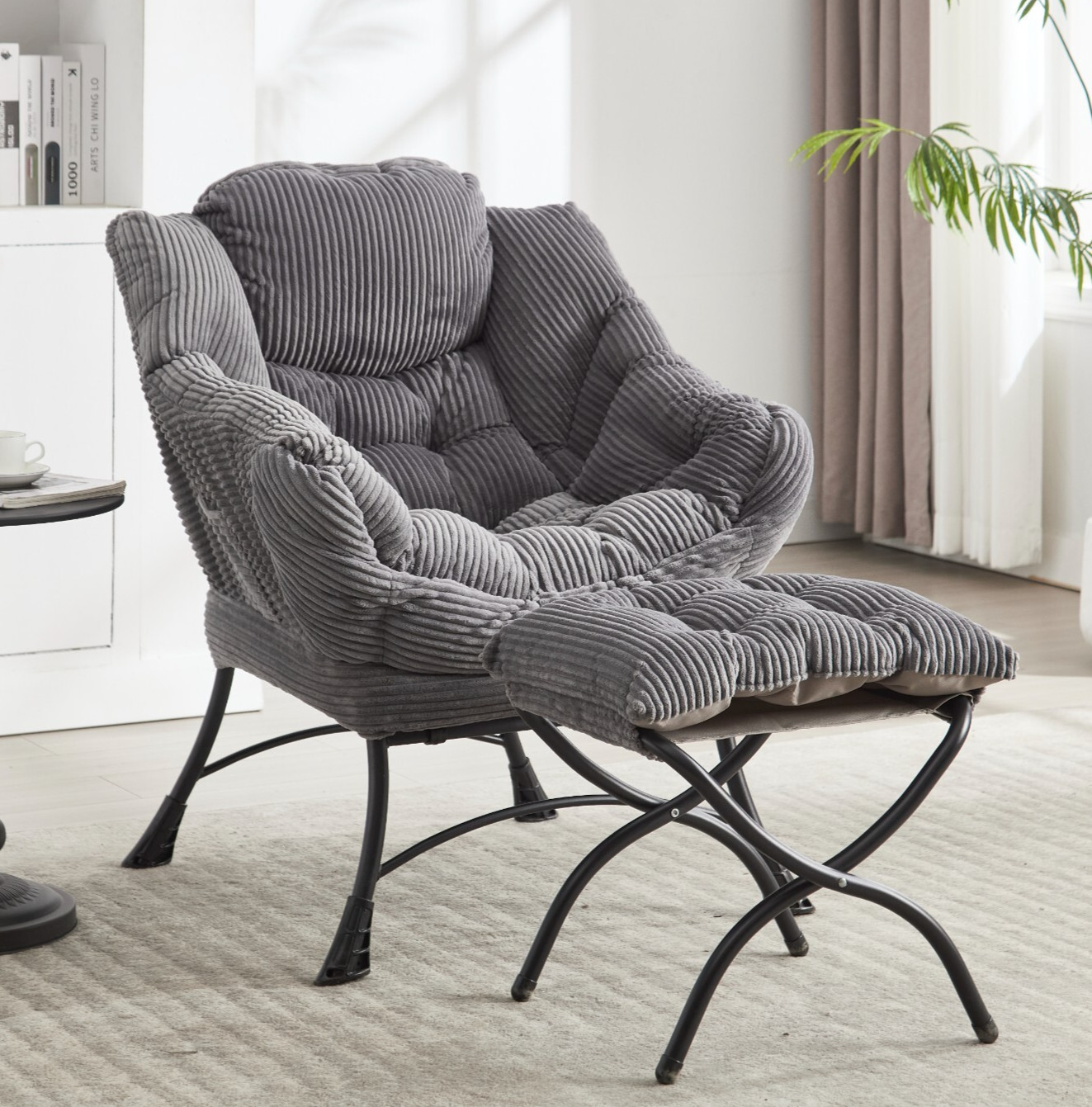 W/ Ottoman Fabric Lounge Lazy Chair Armrest Side Pocket