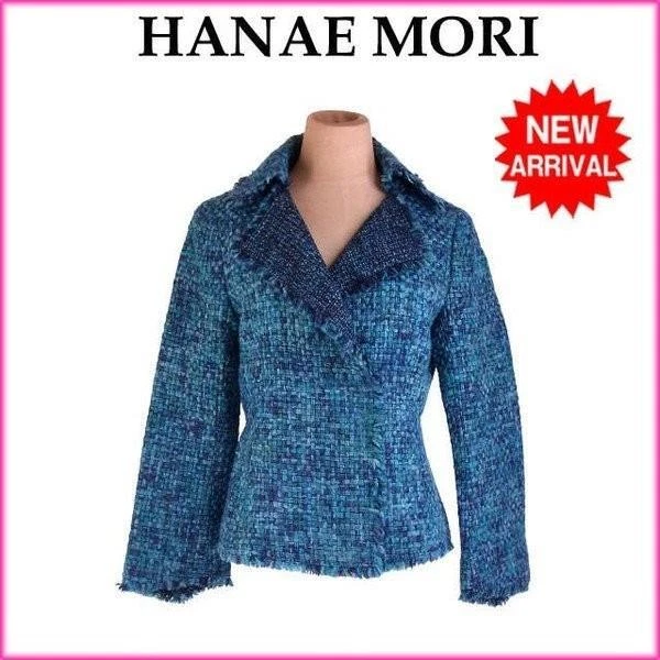 Hanae Mori jacket fringe piping Size 38 double mixed tweed blue