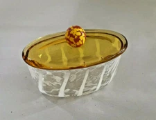 Unusual Vintage Art Glass Box Yellow Lid and Gumball Top Handle