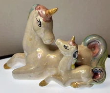 Vintage ArtMark Iridescent Painted Porcelain Mother Unicorn And Baby Figurine