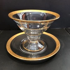 Gold Rim Laurel Design Glass Mayonnaise Compote Bowl with Matching Plate