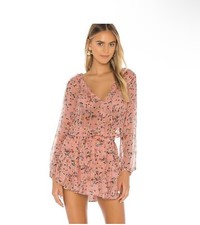 LOVESHACKFANCY Coquette Floral Popover Silk Dress in Sunset Pink Sz Medium $425