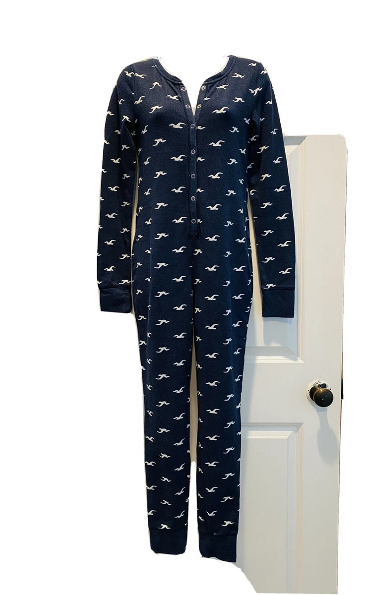 Hollister Thermal Long John Waffle One Piece Jumpsuit Pajama Women s Size S Blue