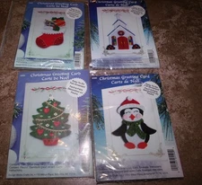 4 Card Set Jewel Felt Greetings Card Ornament Kit PENGUIN STOCKING TREE CHURCH 