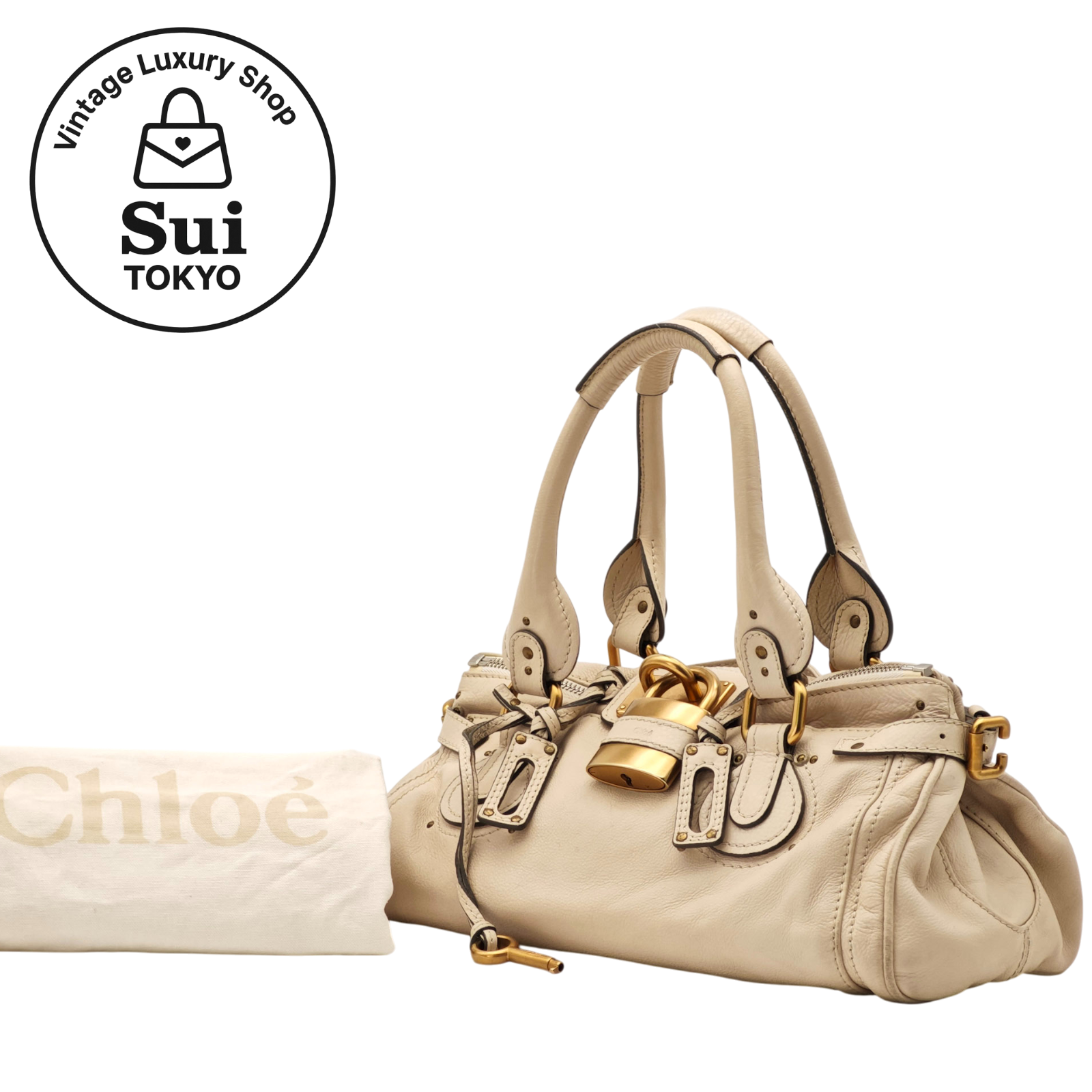 Chloe Paddington Beige Shoulder Bag Handbag Leather Padlock Key Auth