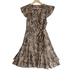 Free People Animal Print Wrap Mini Dress Womens XS Brown Ruffle Boho Chic Summer
