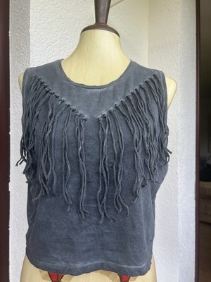 Khujo Crop Top Trägertop Oberteil Grau Gr. M Fransen Rockig Used Look Baumwolle