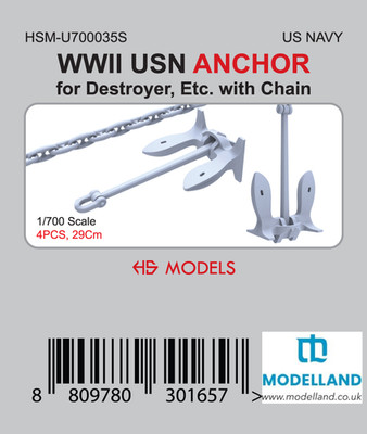 HS Modell WWII USN Anker für Zerstörer mit Kette 1/700 4 Stück 29 cm HSM-U700035S