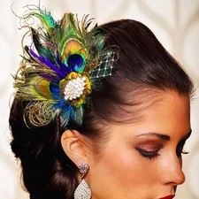 Yokawe Peacock Feather Hair Clip Fascinator with Rhinestone Green
