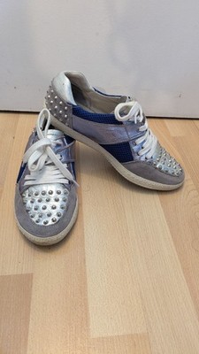 Sneaker Turnschuhe Sandro Bimaterial Echtleder Grau Blau Nagel Stud Silber Rock