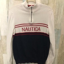 Vintage NAUTICA Blue White Red Varsity Stripe 1/2 Zip Sweater Men's size S Small