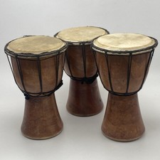 Three Djembe Jembe Wooden & Animal Skin African Hand Drums 9.5" Used