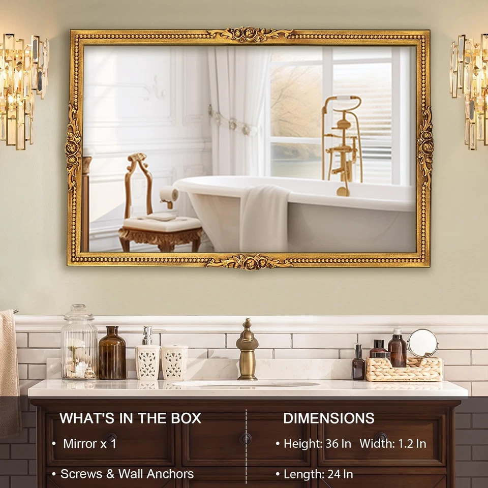 Espejo de pared dorado envejecido con marco de cuentas - 24 * 36 pulgadas tradicional y florista... Foto 3 de 4