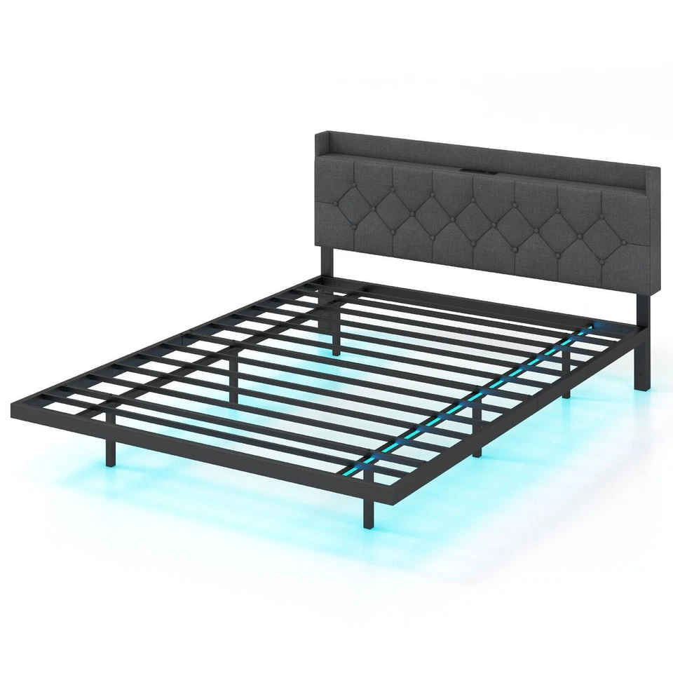 COSTWAY King Size Floating Bed Frame Modern Platform Bed with LED Lights