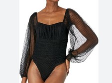 BCBGMAXAZRIA Women's Long-Sleeve Mesh Bodysuit with Square Neck