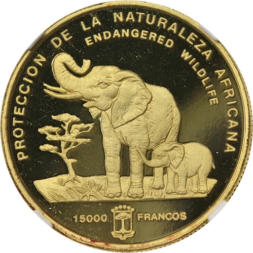 1992 Equatorial Guinea Gold 15,000 Francos Elephant Mother & Calf NGC PF69 UCAM