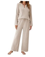 Womens 2 Piece Pajama Sets Fall Ribbed Color Block Lounge Set Medium Apricot