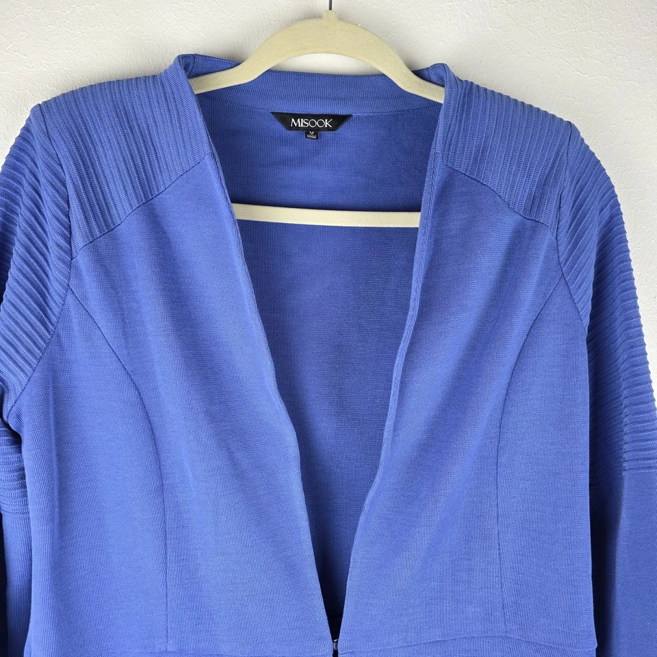 Misook Blue Knit 2 Piece Set Jacket & Skirt M Ribbed Cardigan Timeless Luxe  - Image 3 of 4