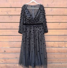 Mac Duggal Floral Appliqué Beaded Long Sleeve A Line Tulle Dress Gown 16 Black