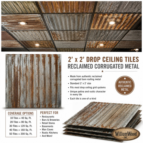 Salvage Reclaimed Corrugated Metal Sheets 2x2 Drop Ceiling Tile Farmhouse Decor