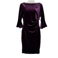CHAPS Purple Velvet Ruched Sheath Dress Bell Sleeve Stretch Women S