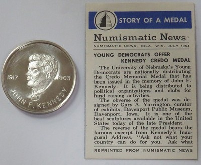 1961 SILVER JOHN F KENNEDY 1917-1963 CREDO MEMORIAL MEDAL JFK WITH STORY CARD