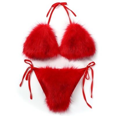 Women's Detachable Faux Fur Bikini Sets Halter Tie Piece Swimsuits for Party ...