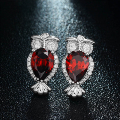 2Ct Lab-Created Red Garnet Lucky Owl Drop Earrings For Women White Gold Plated