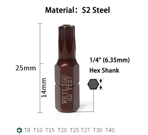 1/4" Security Tamper Resistant Star Bits S2 Steel T8 - T40 Torx Bit 25mm Long - Picture 2 of 4