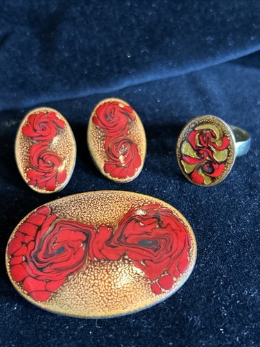 VTG HELEN BRYANS Modernist Enamel on Copper Brooch Clip Earrings Ring Set Canada