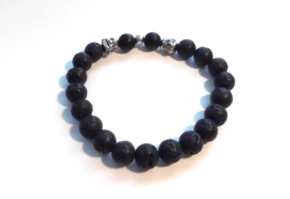 PULSERA ELÁSTICA CON CUENTAS 8.5" LAVA NEGRA PARA HOMBRE con BUDA PLATEADA 10mm NUEVA *EE. UU. Foto 2 de 4