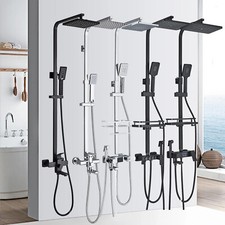 Exposed Rainfall Shower Head Faucet Set Wall Mounted Shower System w/Shelf