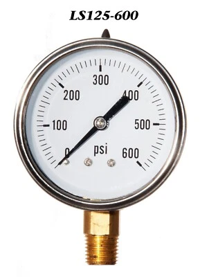 LIBERTY PNEUMATIC Pressure Gauge 0-600 PSI, Liquid Filled 2.5” Stainless Steel 1/4" NPT LM