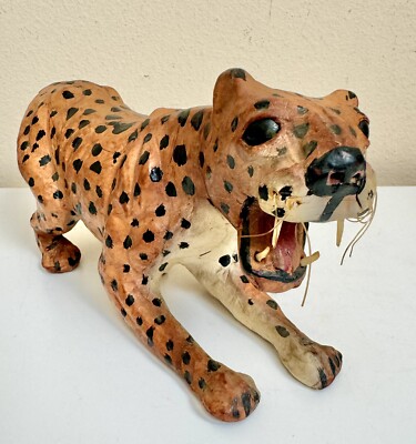 Cheetah Paper Mache Jungle Leopard Cat 10.5  Vintage Decor Mid Century Whiskers