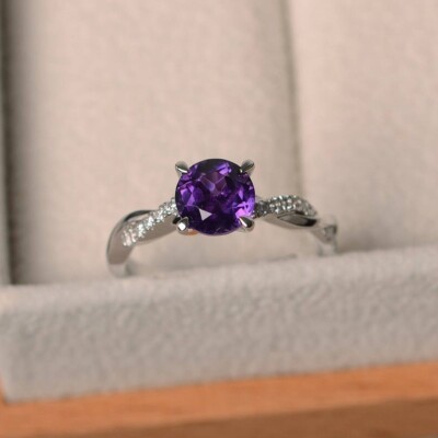 1.20 Ct Natural Round Cut Amethyst & Diamond Engagement Ring 14K Real White Gold