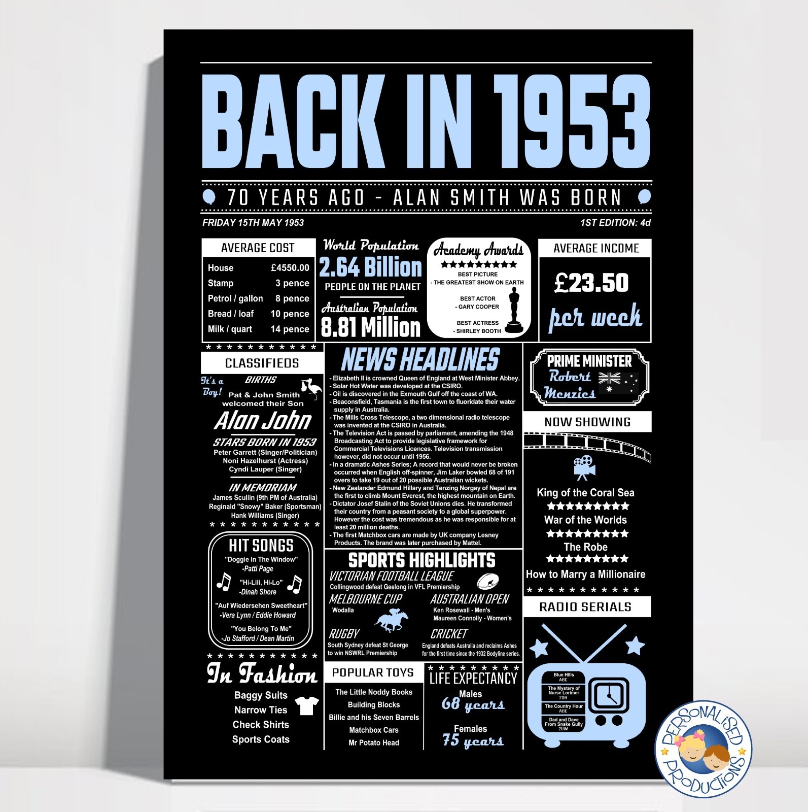 DAY YOU WERE BORN YEAR 1953 A4 personalised print 70TH BIRTHDAY GIFT