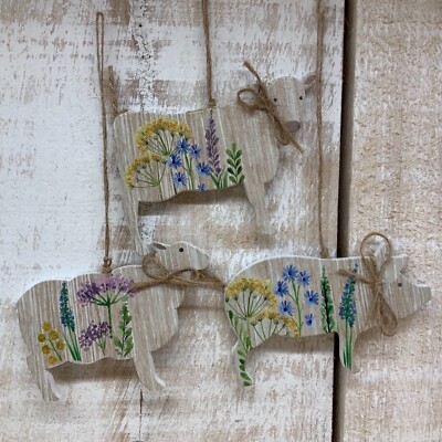 3x Ostern Baumschmuck Kuh Schaf Schwein Holz Frühlingswiese Gisela Graham Tier