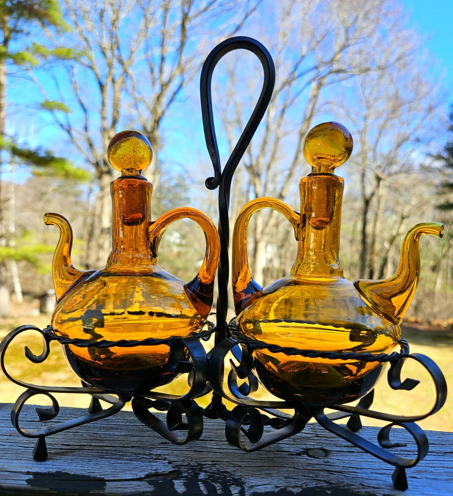 Vintage Midcentury Spanish Art Glass Oil Vinegar Cruets Set eBay
