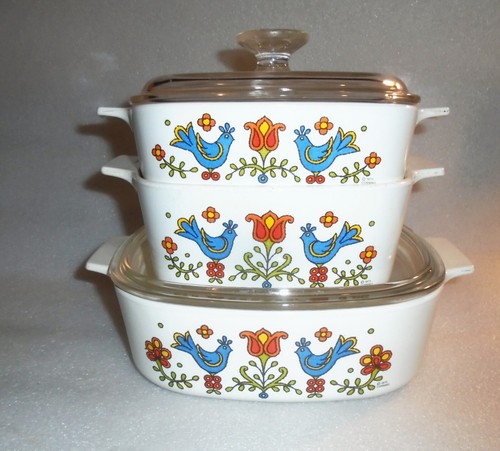 Corning Ware Country Festival Blue Bird 2 Qt, 1- 1/2 Qt & 1 Qt Casserole Dishes